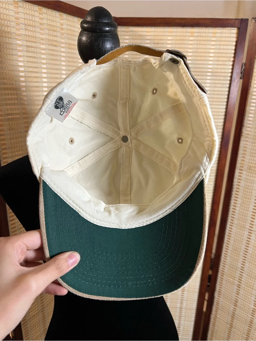Vintage Cobra Caps Two Tone Suede Brim Dad Hat Off White Beige Green Underbrim